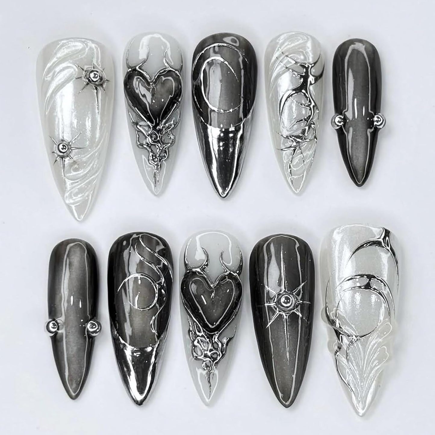Gothic Press On Nails - Long Stiletto Acrylic Nails with 3D Metal Balls | Dark Red Gradient, 24 Pcs