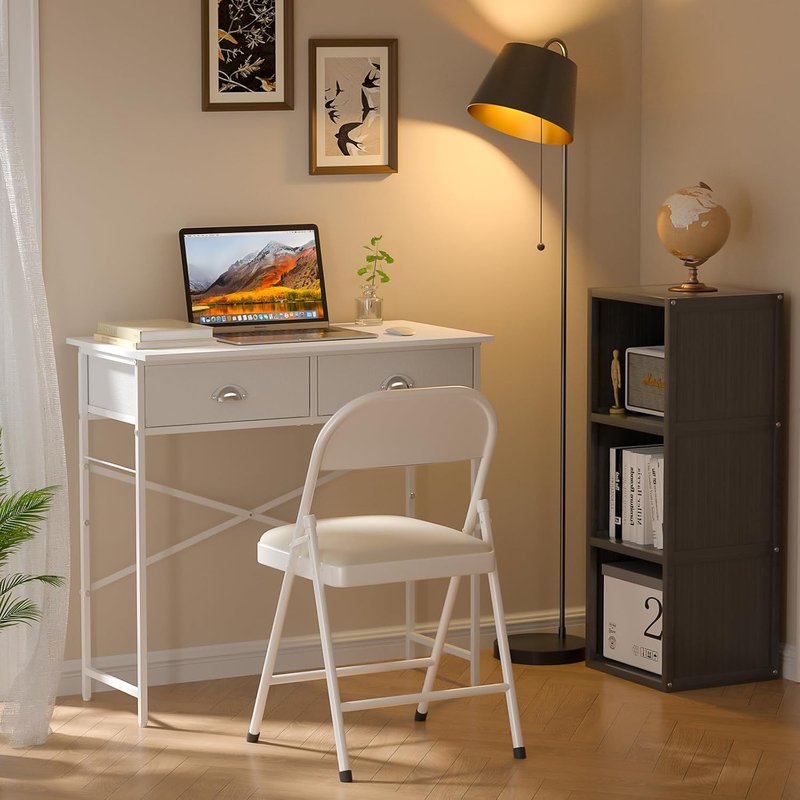 Small Writing Desk for Kids - 31.5 Inch Compact Computer Desk with 2 Fabric Drawers | White