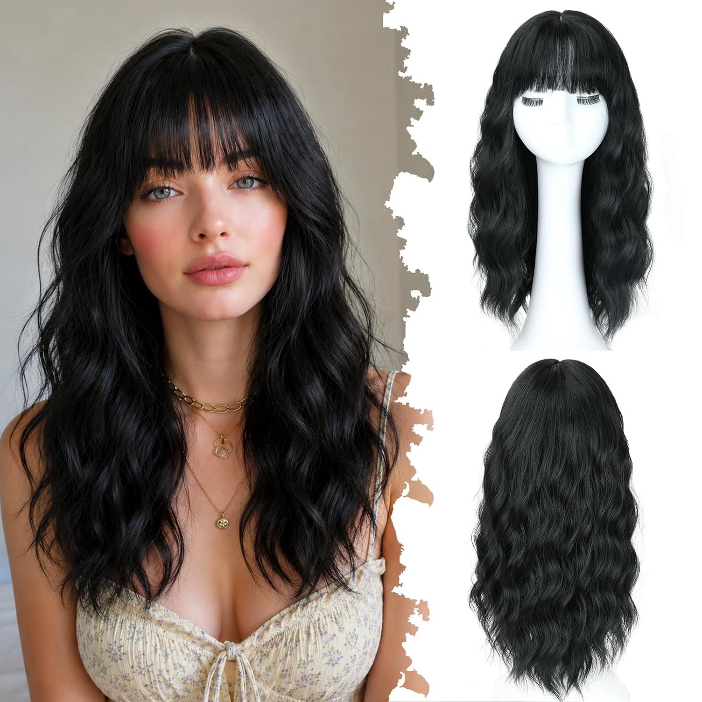 Long Wavy Black Wig for Women - 20-Inch Shoulder-Length Synthetic Hair with Bangs | Heat Resistant