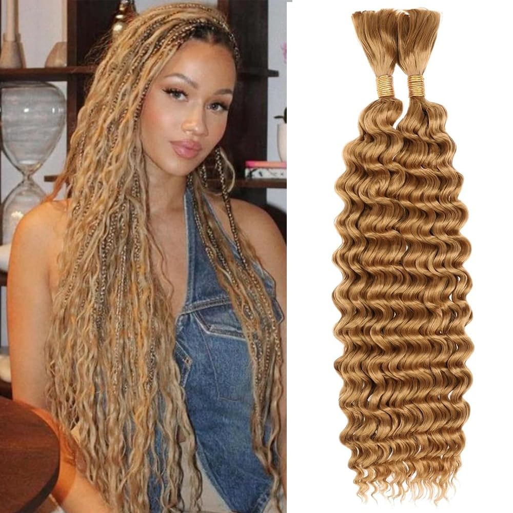 Honey Blonde Human Braiding Hair for Boho Braids 2 Bundles 28 Inch 111g 12A 27 Blonde Deep Wave Braiding Hair for Braids Brazilian Bulk Human Hair Extensions