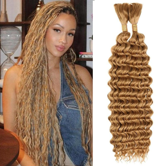Honey Blonde Human Braiding Hair for Boho Braids 2 Bundles 28 Inch 111g 12A 27 Blonde Deep Wave Braiding Hair for Braids Brazilian Bulk Human Hair Extensions