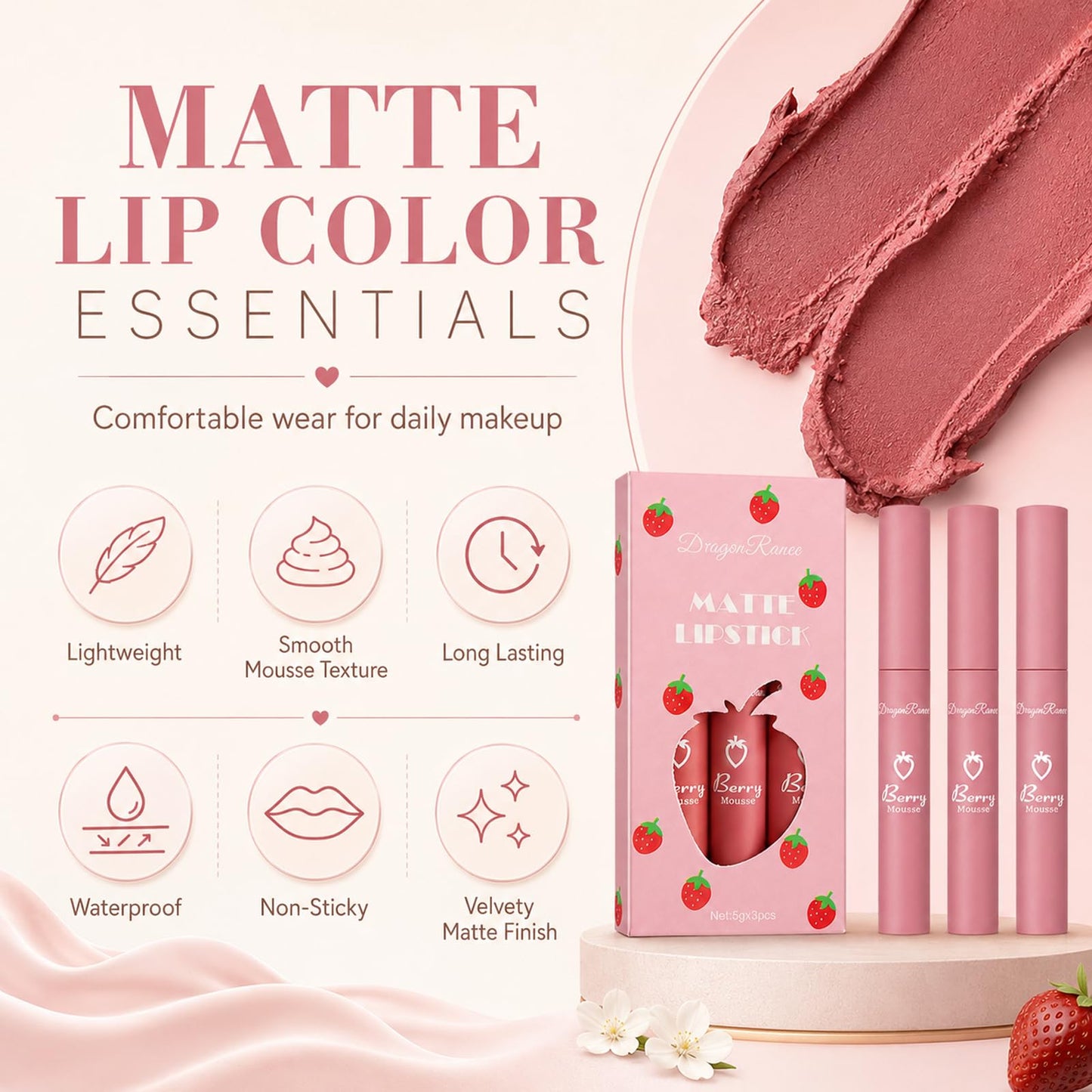 3Pcs Matte Lipstick for Women, Rose Red Nude Liquid Lipstick Makeup, Long Lasting High Impact Color, Velvet Air Moisture Smooth Crayon Lip Stain, Non-Stick Cup Waterproof Lip Gloss, Up to 24H Wear