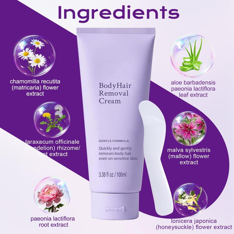 Body Hair Removal Cream for Sensitive Skin, Painless Depilatory Cream with Spatula Applicator, Durable and Smooth for Men and Women, Gentle Formula for Hair Removal and Skin Care