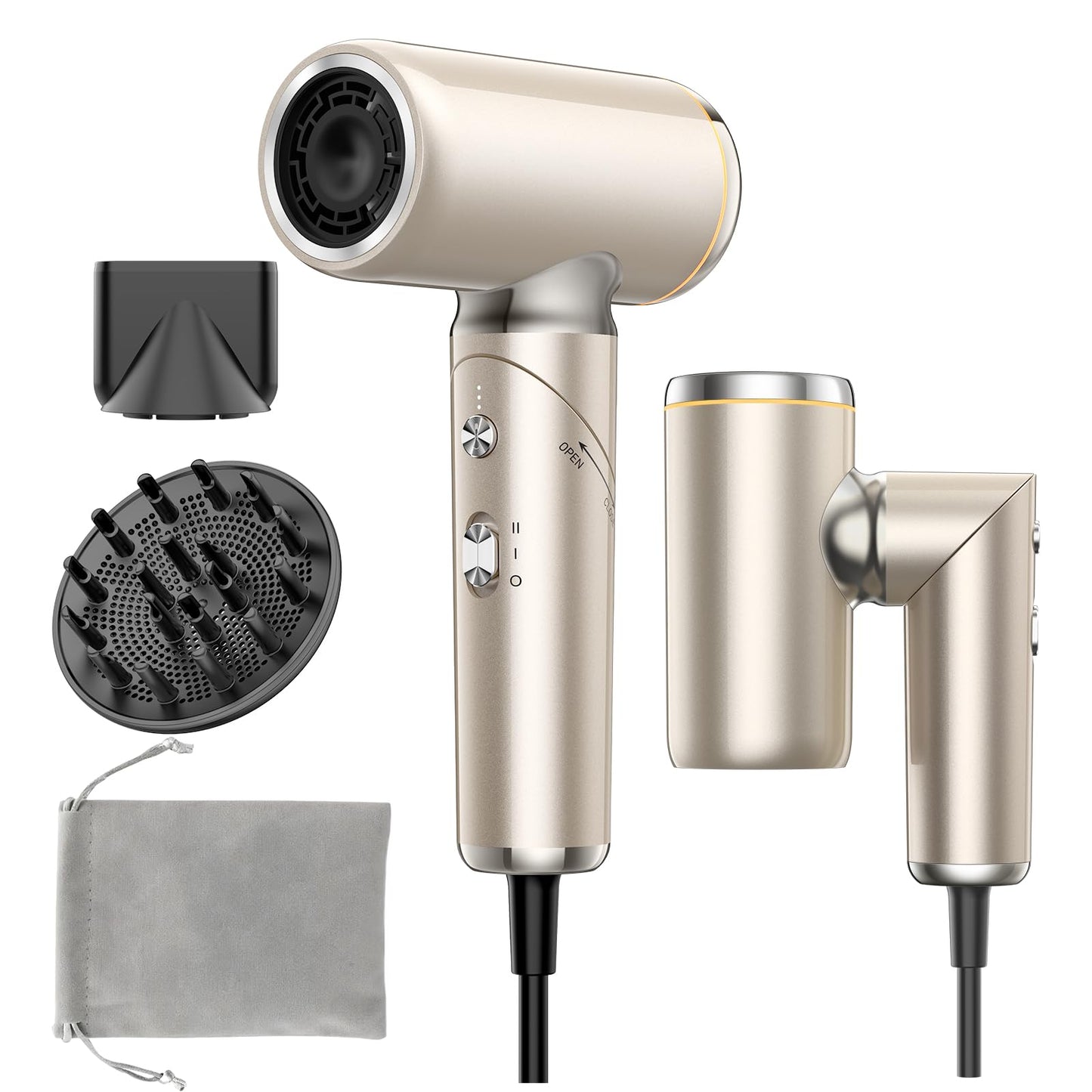 Travel Hair Dryer Dual Voltage for Europe Foldable, High Speed Ionic Blow Dryer Fast Drying,100-240V Portable Dryers with Magnetic Nozzles,1300W-gold