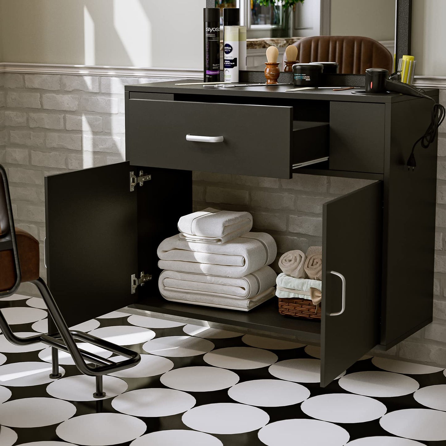 Belandi Wall Mount Salon Station Barber Stations Styling Station with Mirror Drawer Storage Cabinet Spa Salon Equipment(Black)