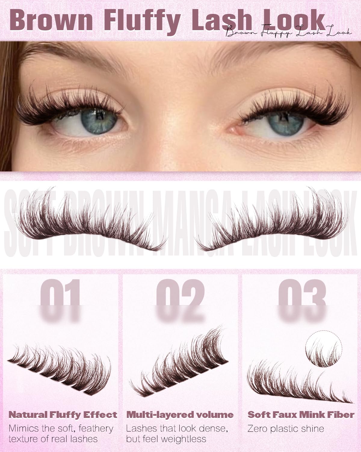 Fluffy Brown Lash Clusters - Natural 10-16mm Eyelash Extensions | Wispy Dark Brown Individual Lashes with Soft Band