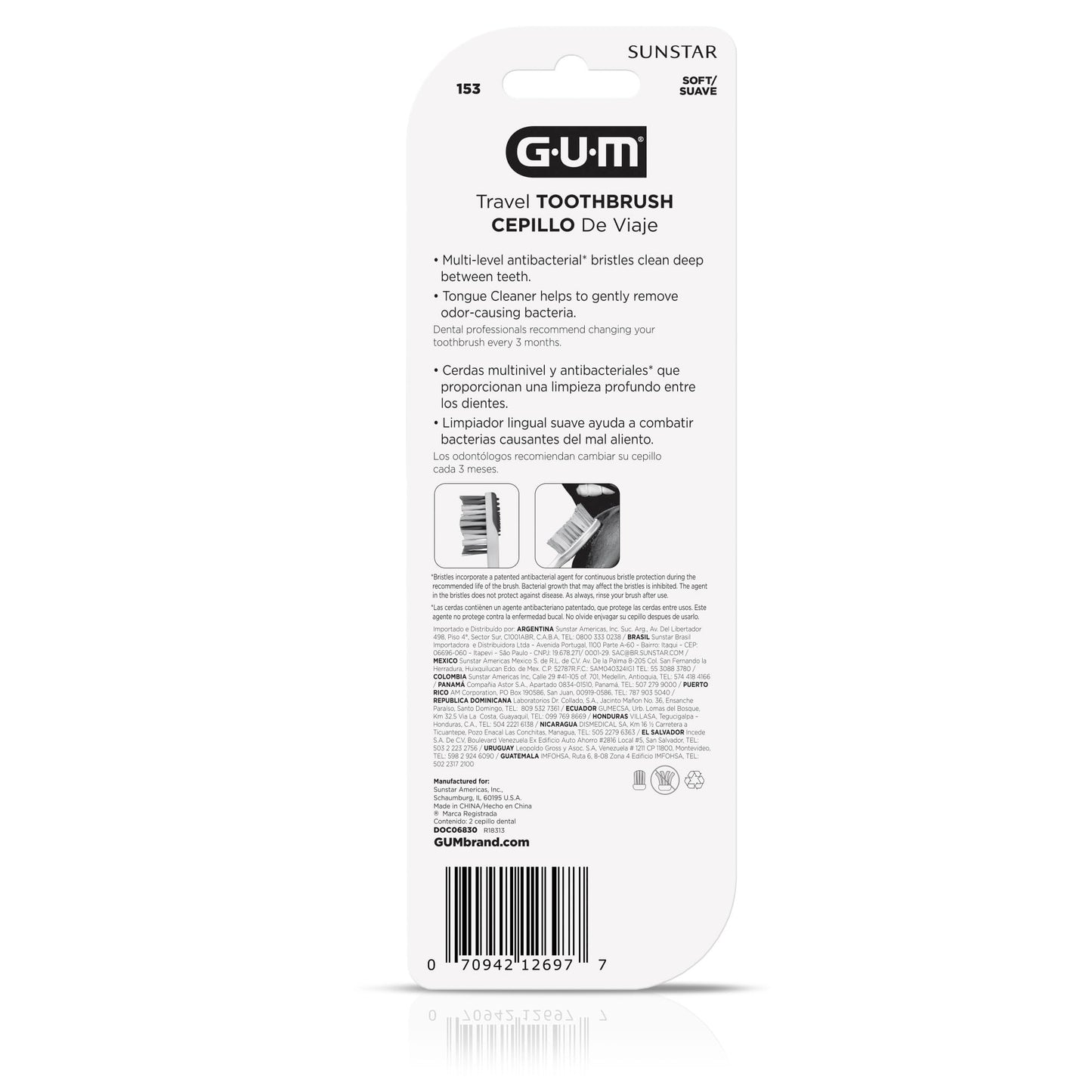 GUM Folding Travel Toothbrush for Adults, Soft-Bristled Compact Toothbrush with Tongue Scraper, 2 Count