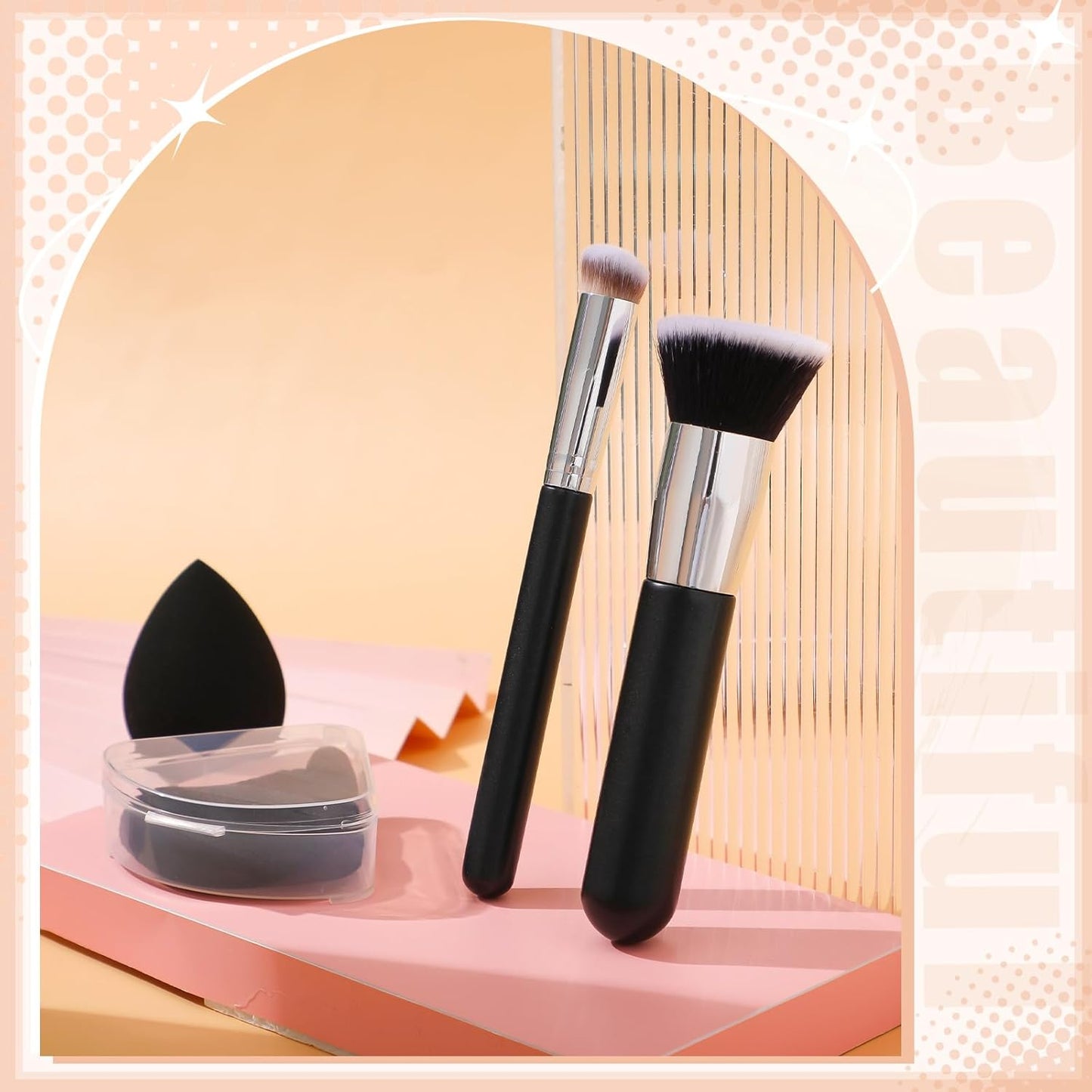 Foundation Brush Set - 6Pcs Liquid Makeup Brushes with Sponge & Powder Puff | Black