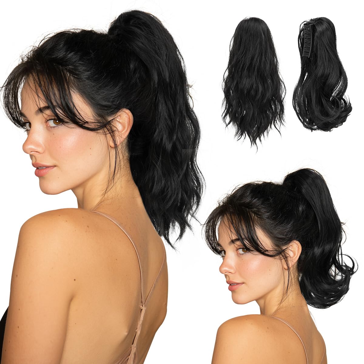 Ponytail Extensions - Wavy Curly Claw Clip Hairpieces for Women | 12" & 14" Beige Multi Set