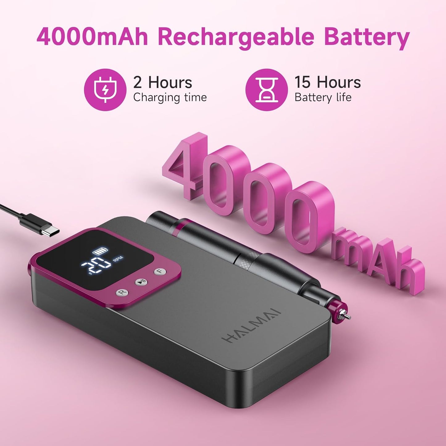 Electric Nail Drill - Professional Portable File for Acrylic Gel Nails | Cordless Rechargeable 40000RPM Efile Machine (Dark Grey)