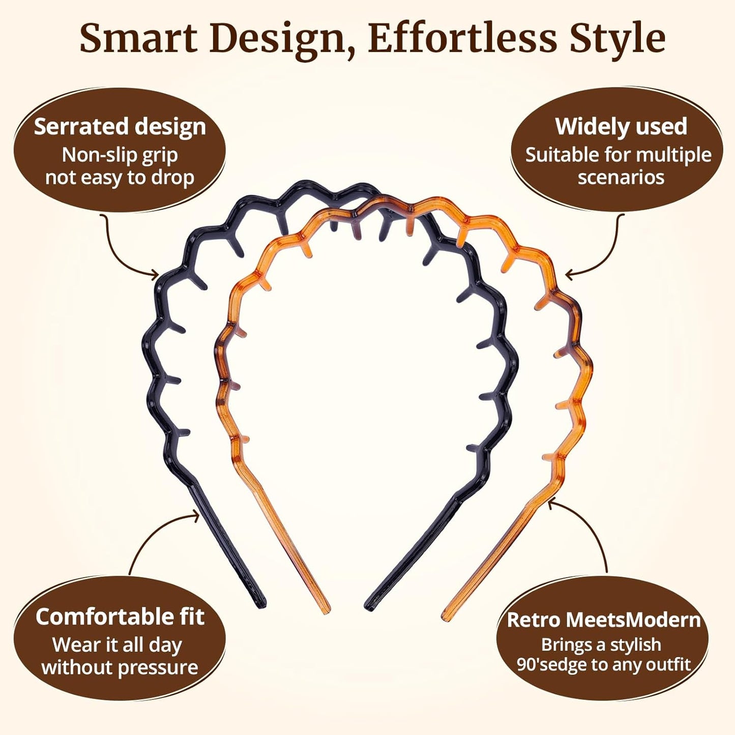 Zig Zag Headbands for Women - Classic 90s Non-Slip Hair Bands | 2 Pack Black & Brown for Curly Hair & Everyday Use