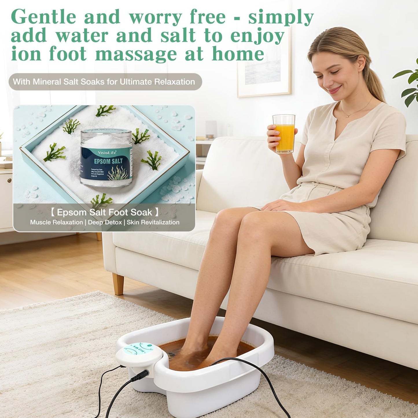 VnioLife Ionic Foot Bath Detox Machine, foot detox machine, with Epson salt,Basin, 30 Mins Auto Timer & 2 Arrays, Portable Ionic Foot Spa for Salon & Home Use