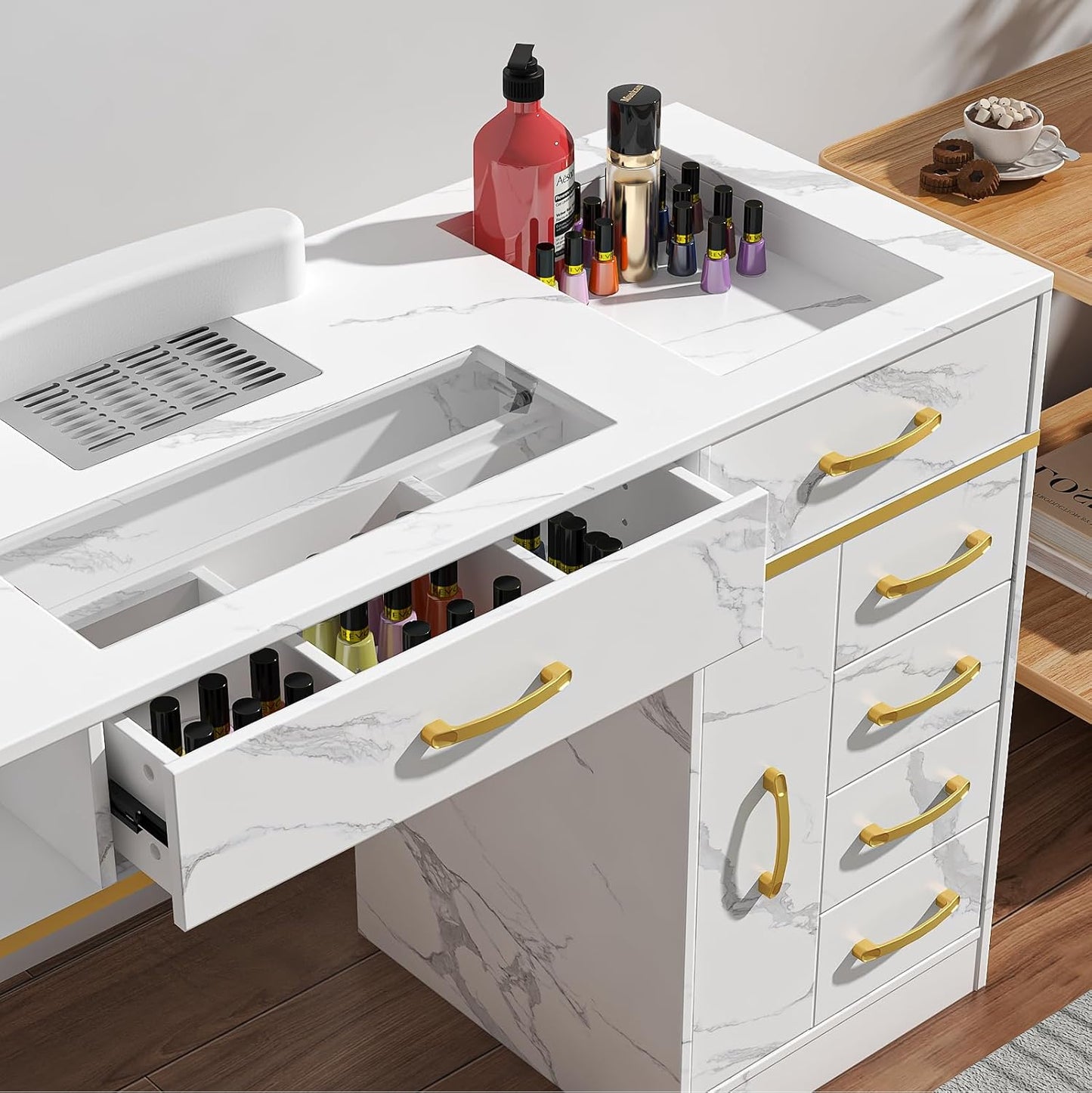 Manicure Table - Electric Dust Collector Nail Desk with Glass Top | Versatile Station for Salon & Home, White