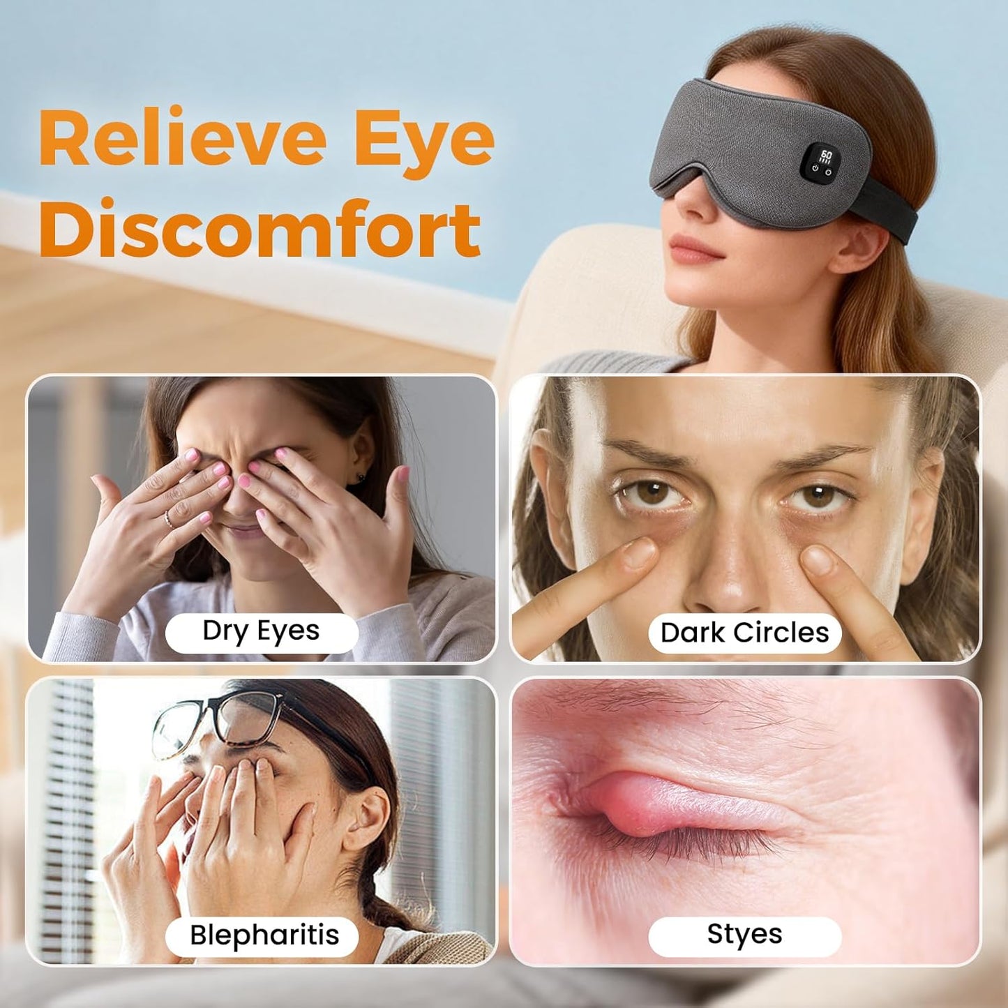 Heated Eye Mask - Warm Compress for Dry Eyes & Blepharitis | Cordless with 4 Temperature Modes & Timer, 100% Cotton Cover, Dark Grey