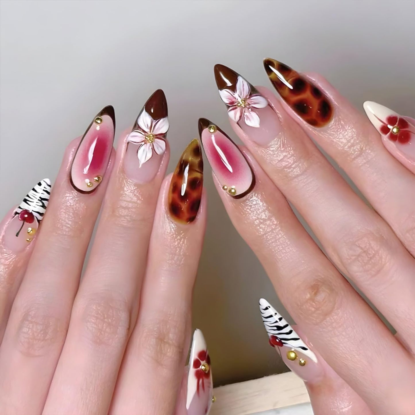 3D Flower Press-On Nails - Medium Square Pink French Tip with Star Rhinestones | Full Cover Artificial Nails for Women