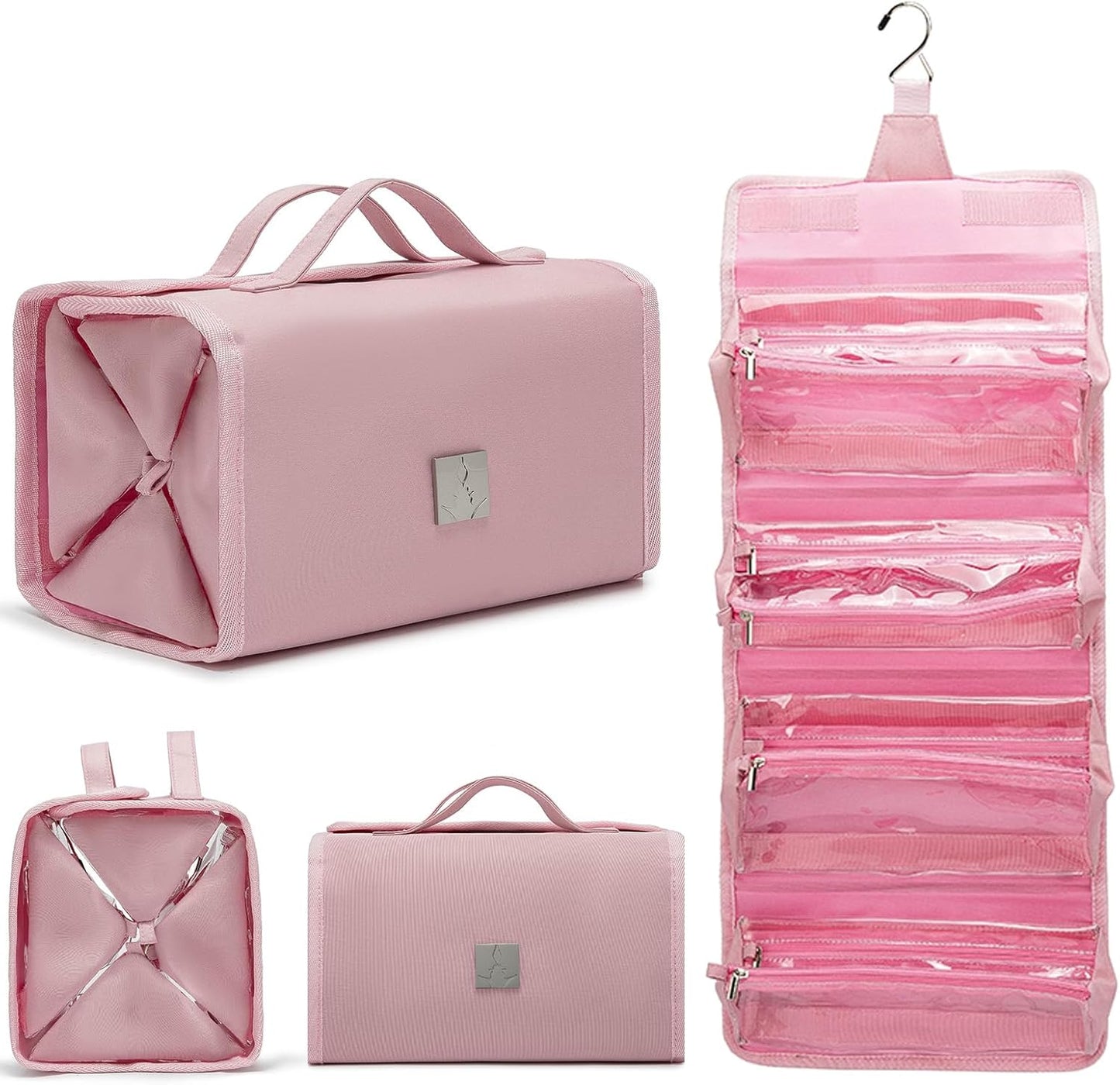 Roll Up Makeup Bag - Travel Toiletry Organizer with 4 Clear TSA Approved Pouches | Hanging Cosmetic Bag for Men & Women