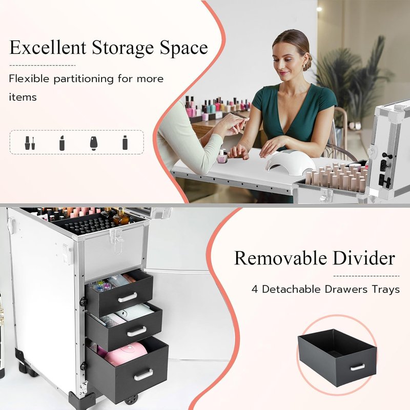 Portable Nail Desk - LED Mirror, Foldable Manicure Table with 3 Drawers | Mobile Nail Tech Workstation (White)