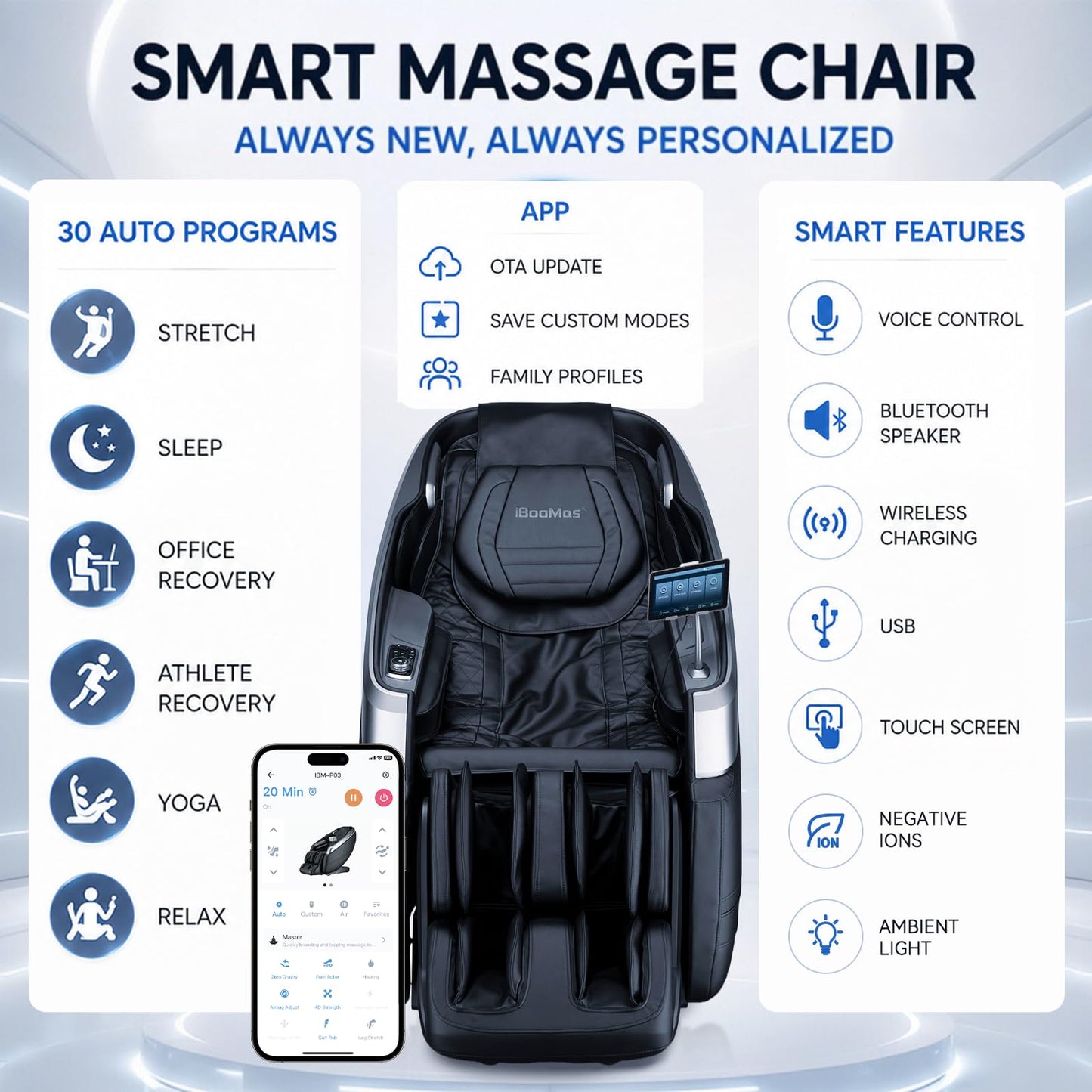 iBooMas True 4D Massage Chair, Deep Tissue Full Body Massage Chair with Adjustable 4D Pressure, AI Body Scan, 55" SL Track, Zero Gravity Recliner, Powered Leg Extension, 3-Level Heat, Black