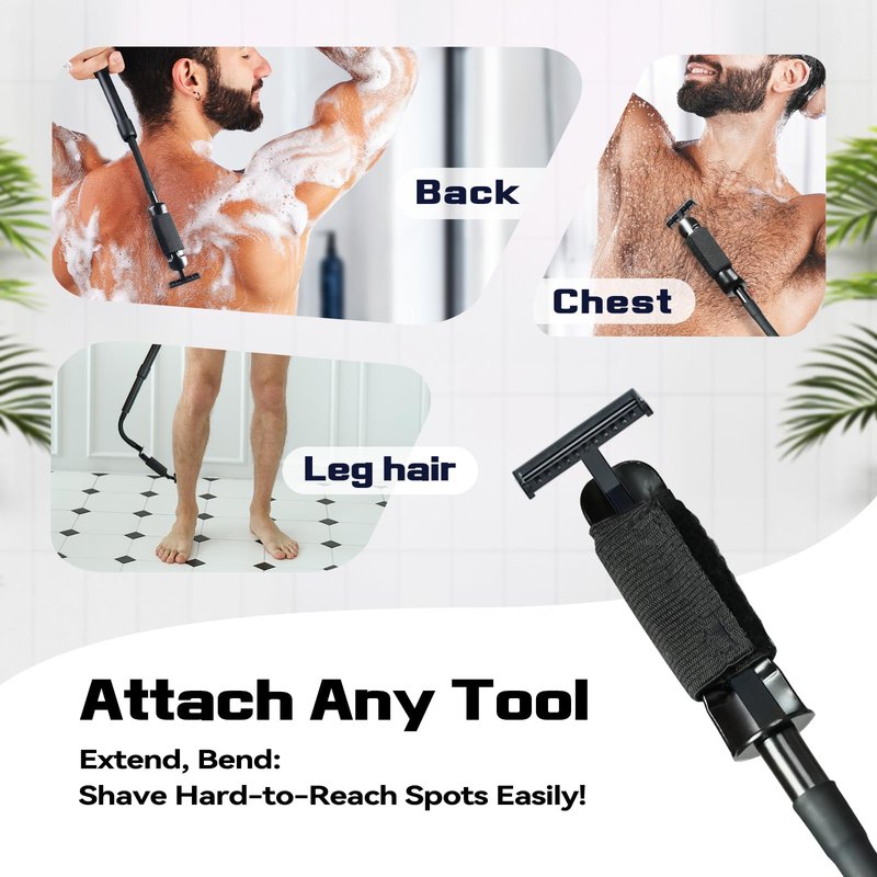 ETbyto Safety Razor Extension Handle with Adjustable Length for Leg Razor,Back Shaver for Men,Multi-Function Extension Shaver Handle can be Fitted Lotion Applicator,Hair Brush for Wet or Dry - Black
