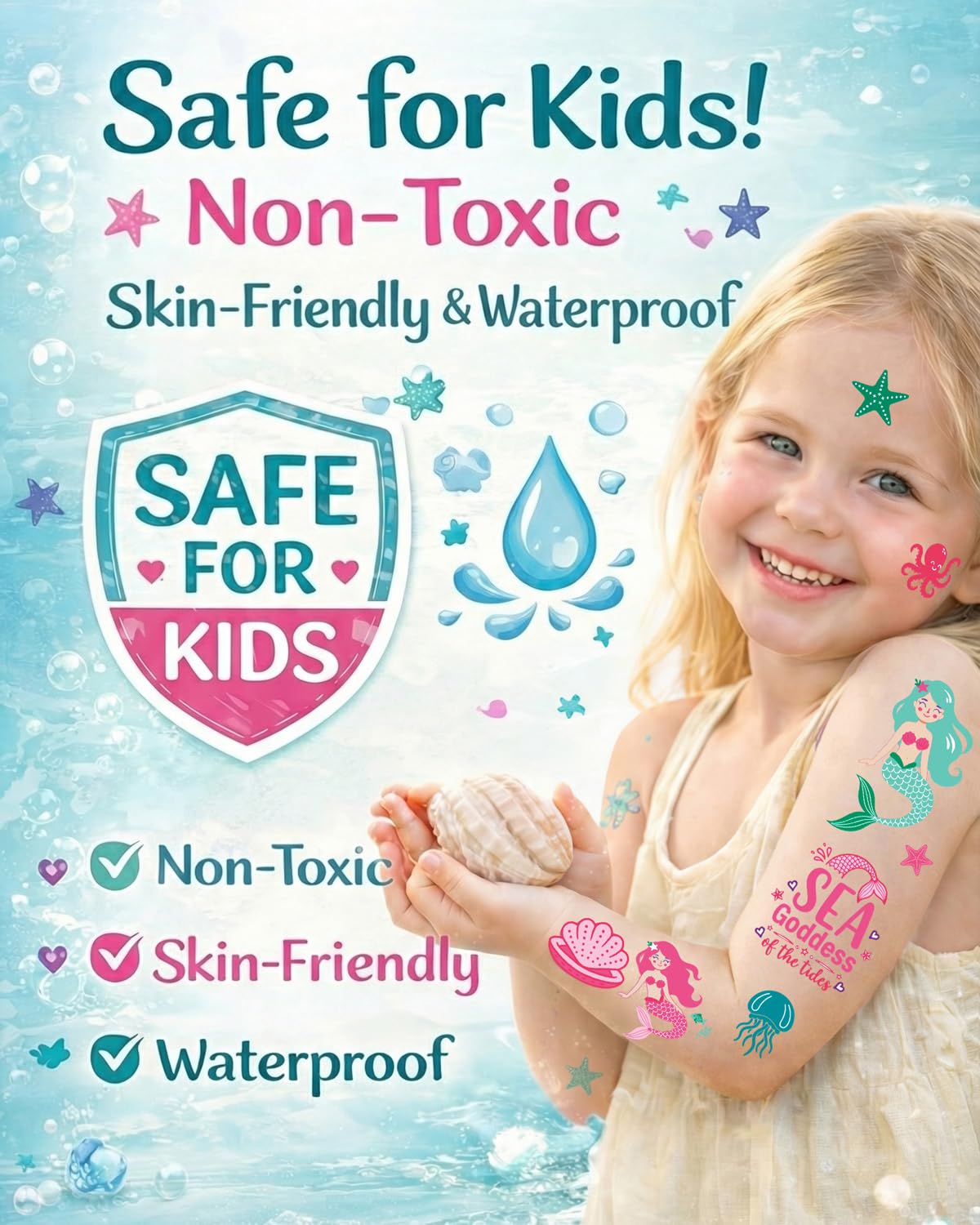 Mermaid Temporary Tattoos for Kids - 106 Waterproof Ocean & Mermaid Designs | Non-Toxic, Easy to Apply for Birthday Parties