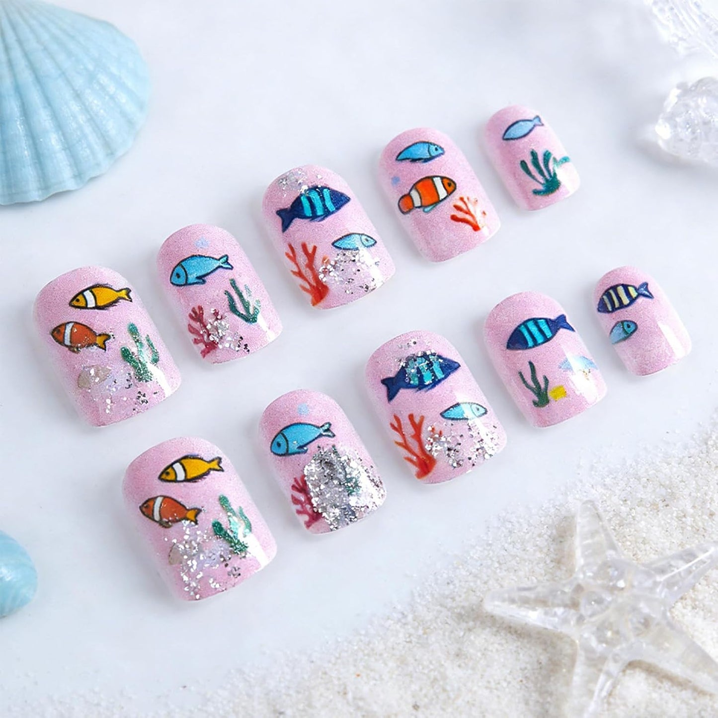 Press On Nails - Short Square Pink Fake Nails with Sea Fish Coral Designs | Glossy Glitter Reusable 24 Pcs