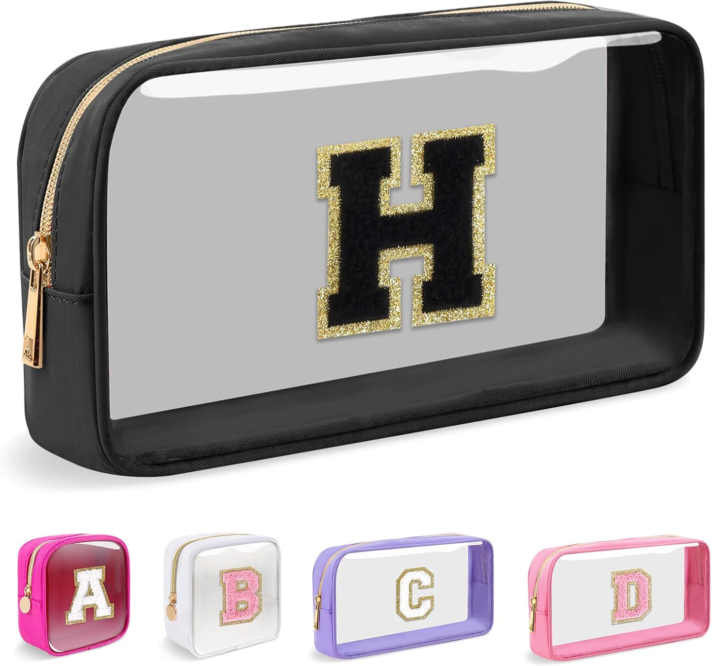 Personalized Initial Makeup Bag - Waterproof Nylon Cosmetic Pouch | A-Z Chenille Letter Patch, White-Pink G