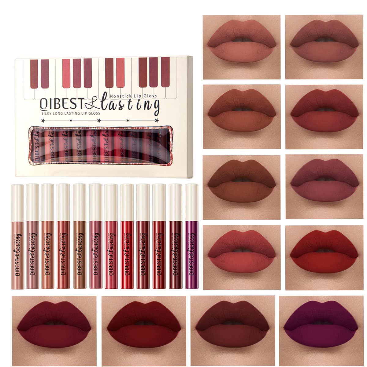 Matte Liquid Lipstick Set - 12 Pcs Long-Lasting Waterproof Lip Stain | Dark Bright Red