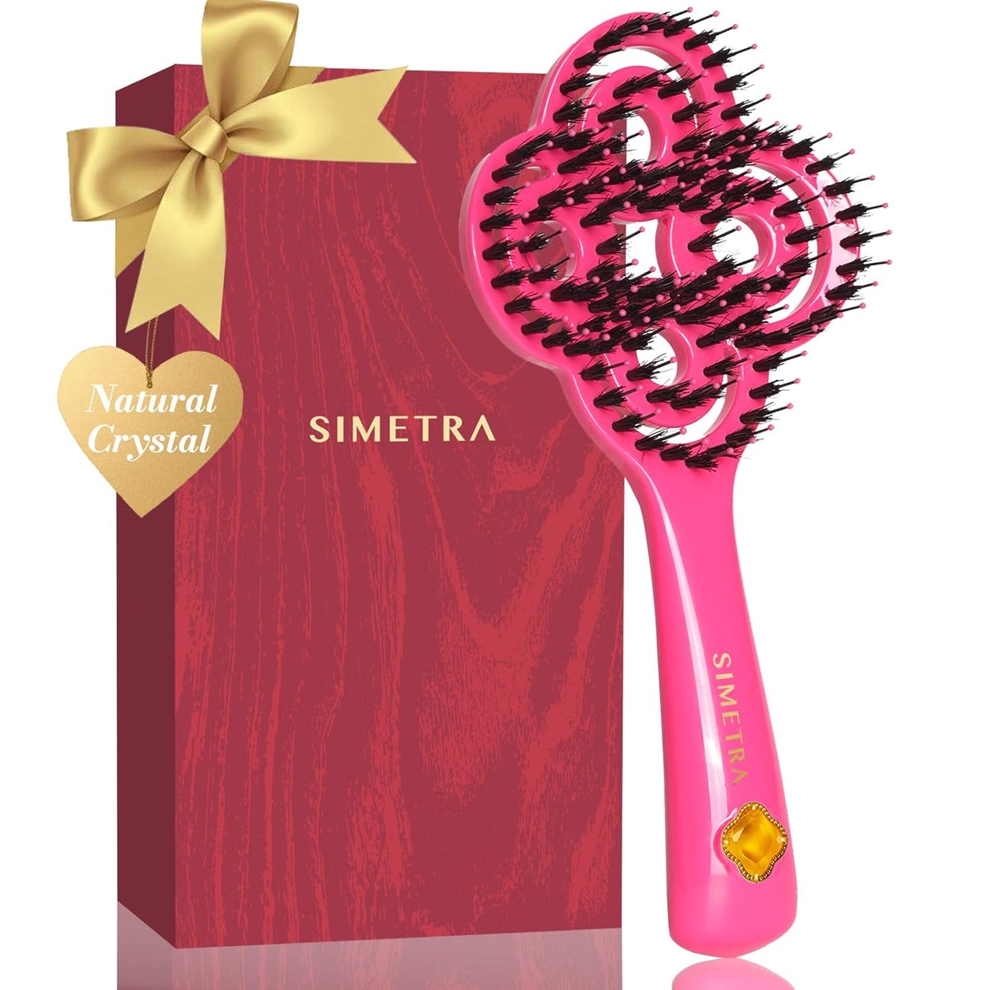 SIMETRA Lucky Hair Brush - 14K Gold Plated Detangling Brush with Natural Crystal Inlay | Boar Bristle for All Hair Types