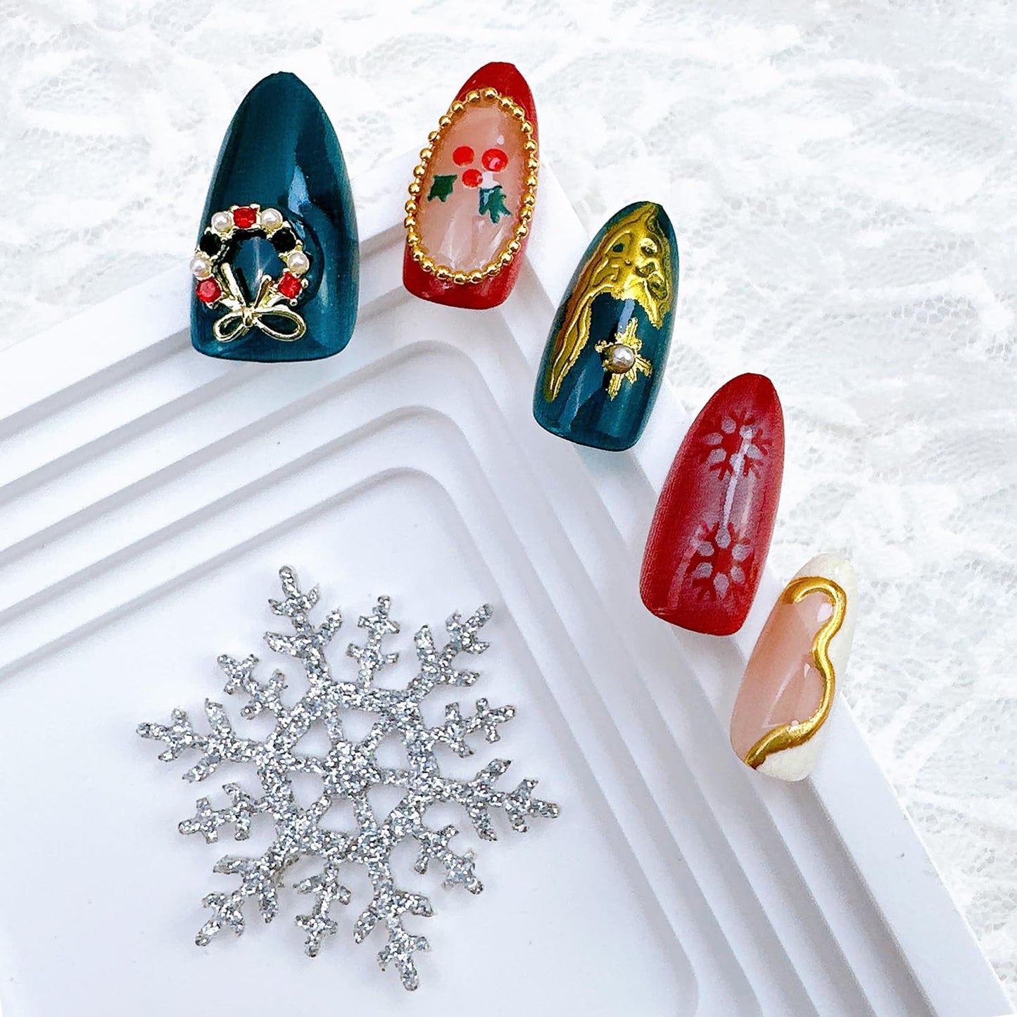 Christmas Press-On Nails - Medium Almond Acrylic Tips with Tree Wreath, Gold Beads & Rhinestones | Winter Holiday Design