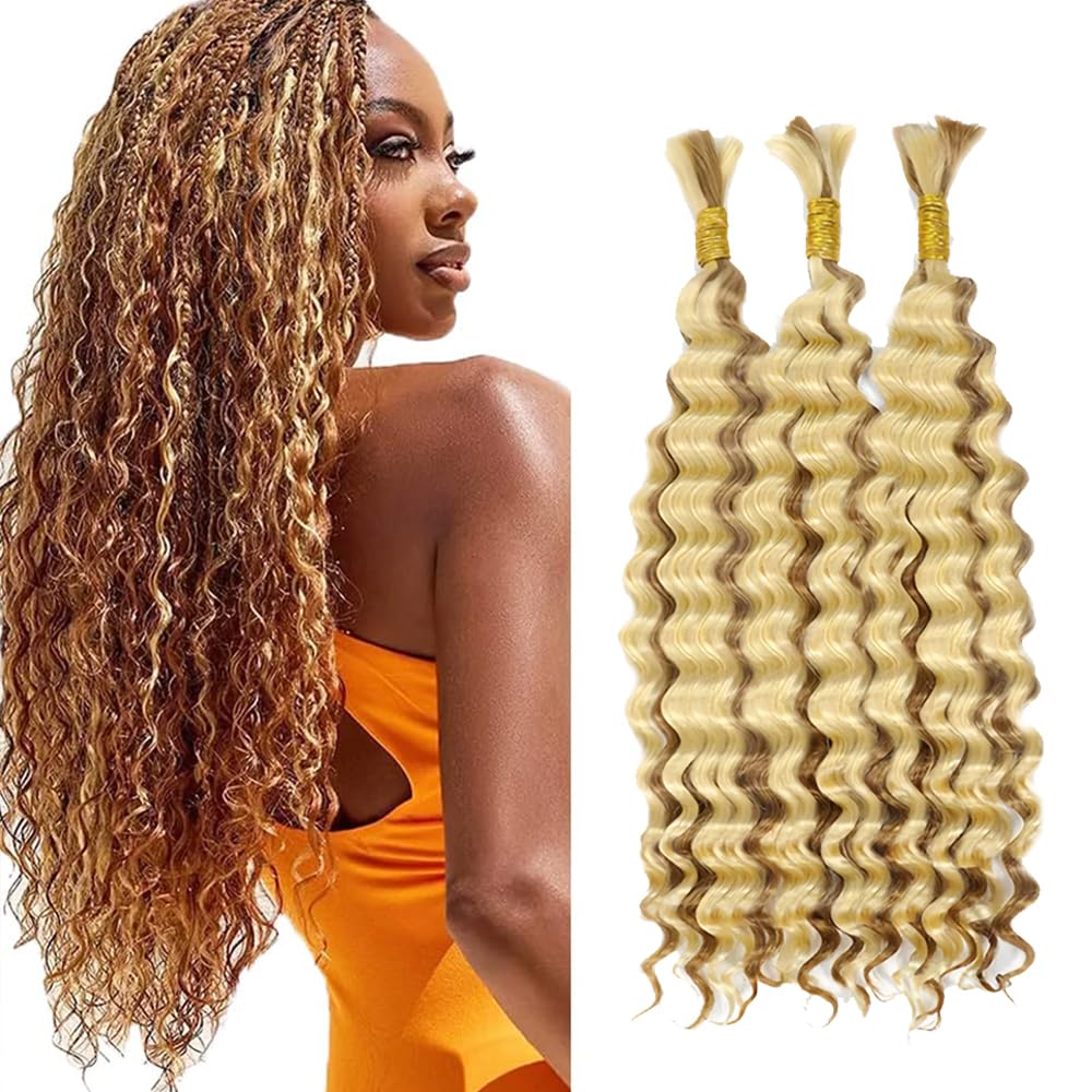 34 34 34 Inch 613 Human Braiding Hair For Boho Braids Honey Blonde Deep Wave Bulk Human Hair For Braiding No Weft 3 Braids Per Pack 27 Mixed With 613 Color