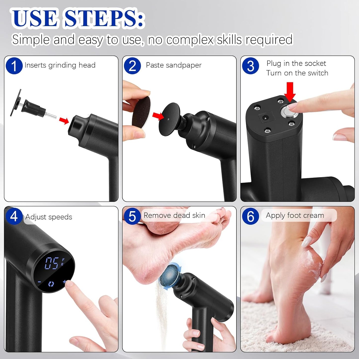 Electric Callus Remover - 4500 RPM Adjustable Speed Foot Sander for Smooth Heels | Black