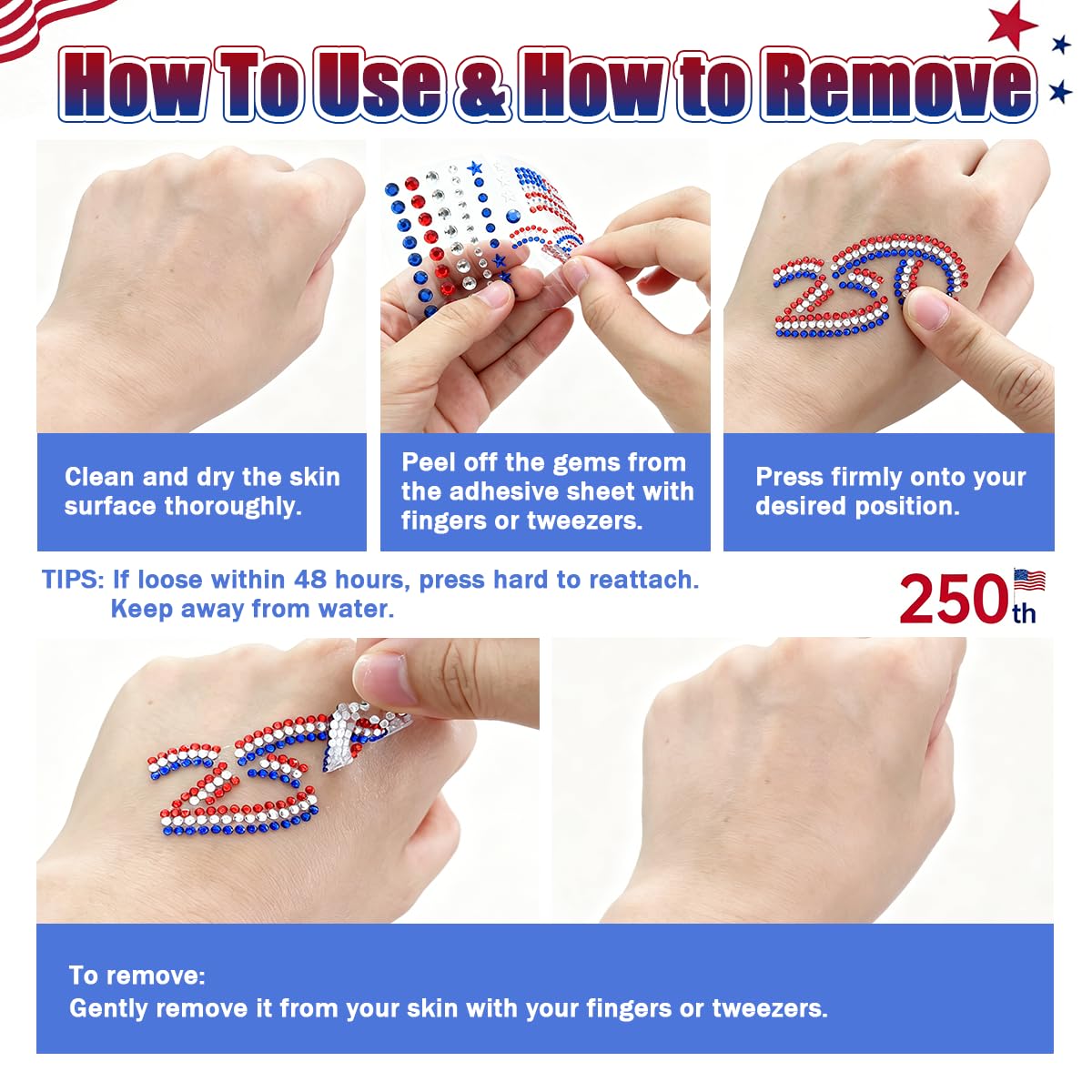 Mysense 4th of July Face Gems Stickers, Red White Blue Rhinestone Face Jewels, 250th Anniversary Flag & Fireworks, Self-Adhesive for Women’s 4th of July Outfits, Makeup & Party Accessories