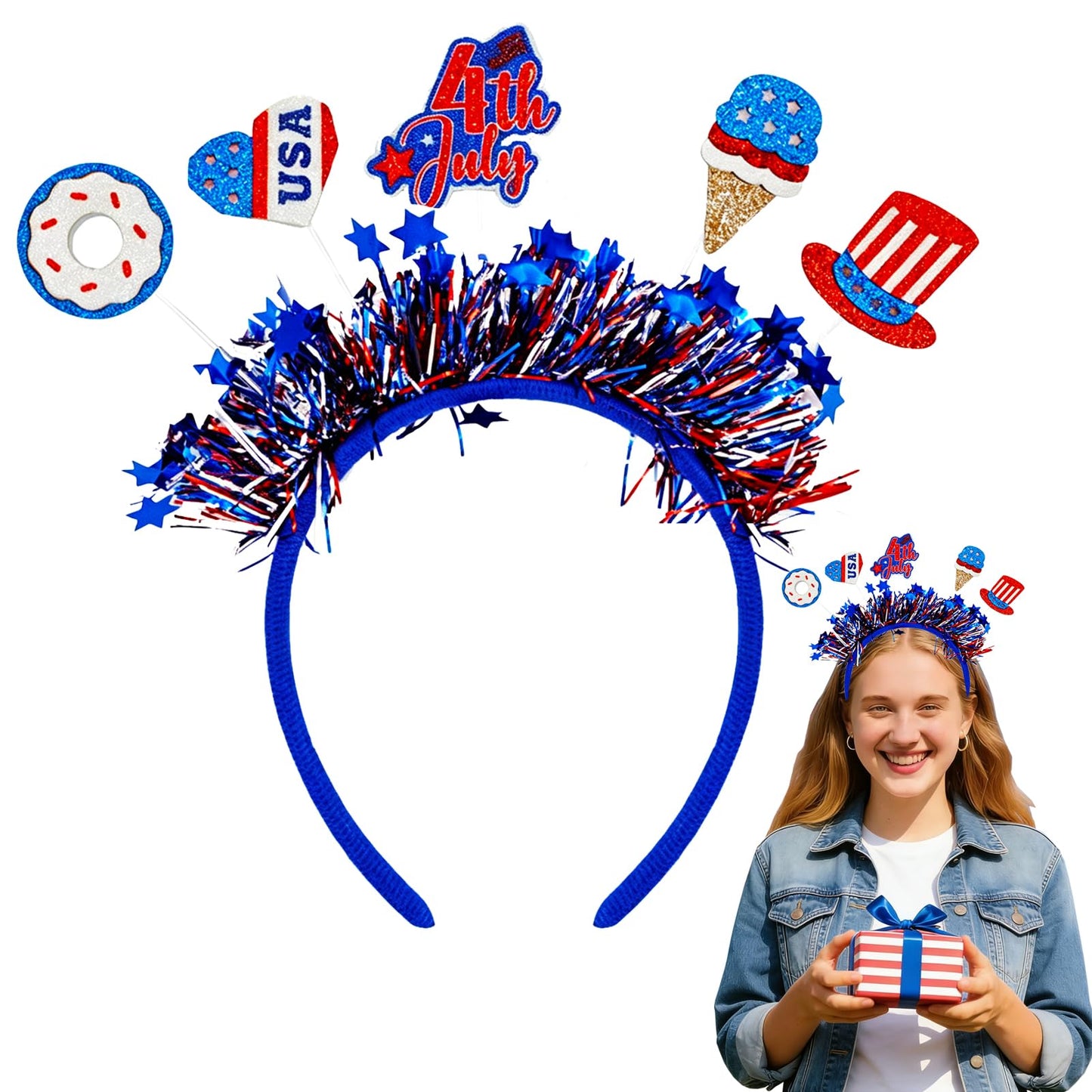 4th of July Headbands for Girl Women - Glitter Patriotic Headband Red White Blue Tinsel Headbands,Sparkly Independence Day Headband 4th of July Hair Accessories with USA Donut for Costume Party Parade