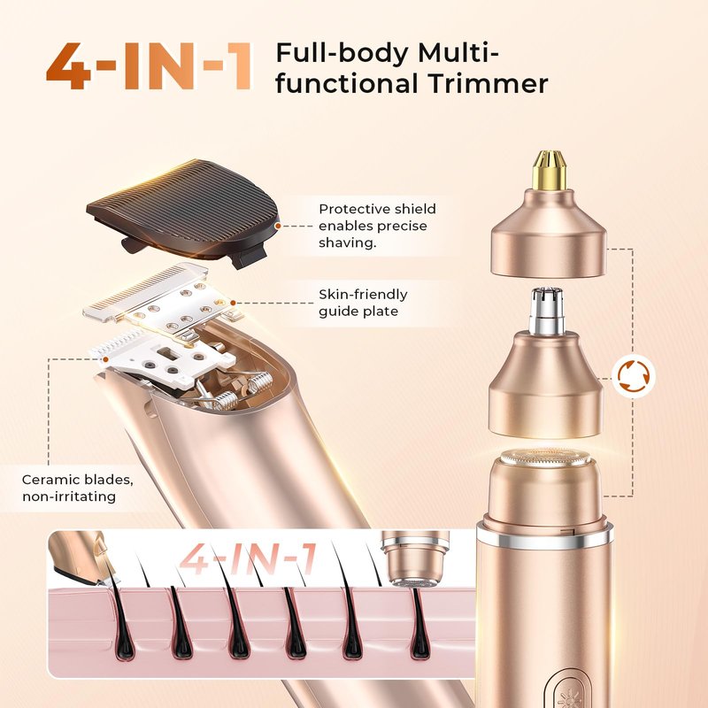 Bikini Trimmer for Women, 4 in 1 Electric Razors for Women - Dual Head, Wet & Dry Use Pubic Body Hair Trimmer Electric Shavers, Rechargeable Womens Facial Razors for Legs, Nose, Armpits, Bikini Area