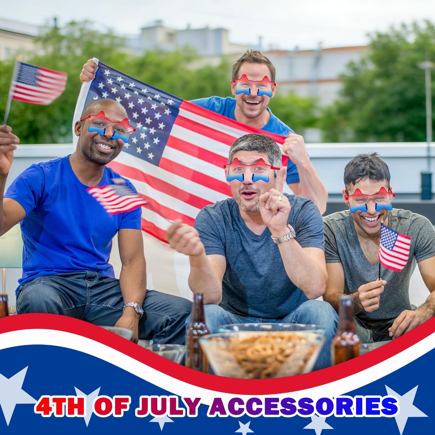 Star Glasses 3 PCS for Women Men, USA Red White Blue Rimless Star Shaped SunGlasses Accessories-One Size Fits All, Patriotic 4th of July Party Outfit for Beach Pool Birthday Party Favors Gifts