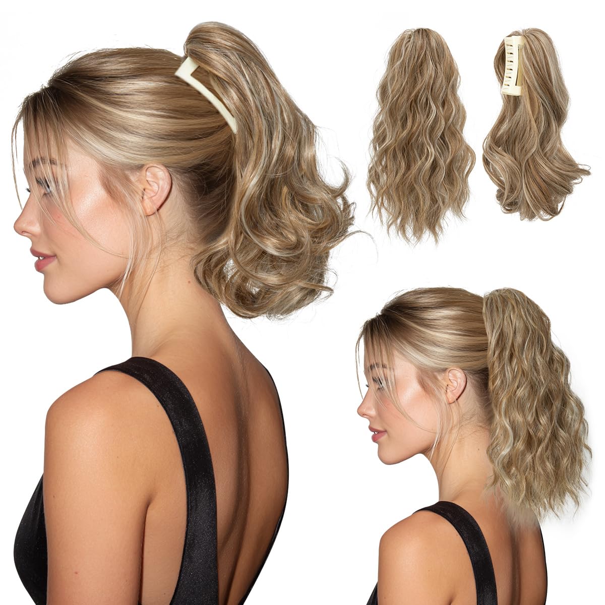 Ponytail Extensions - Wavy Curly Claw Clip Hairpieces for Women | 12" & 14" Beige Multi Set