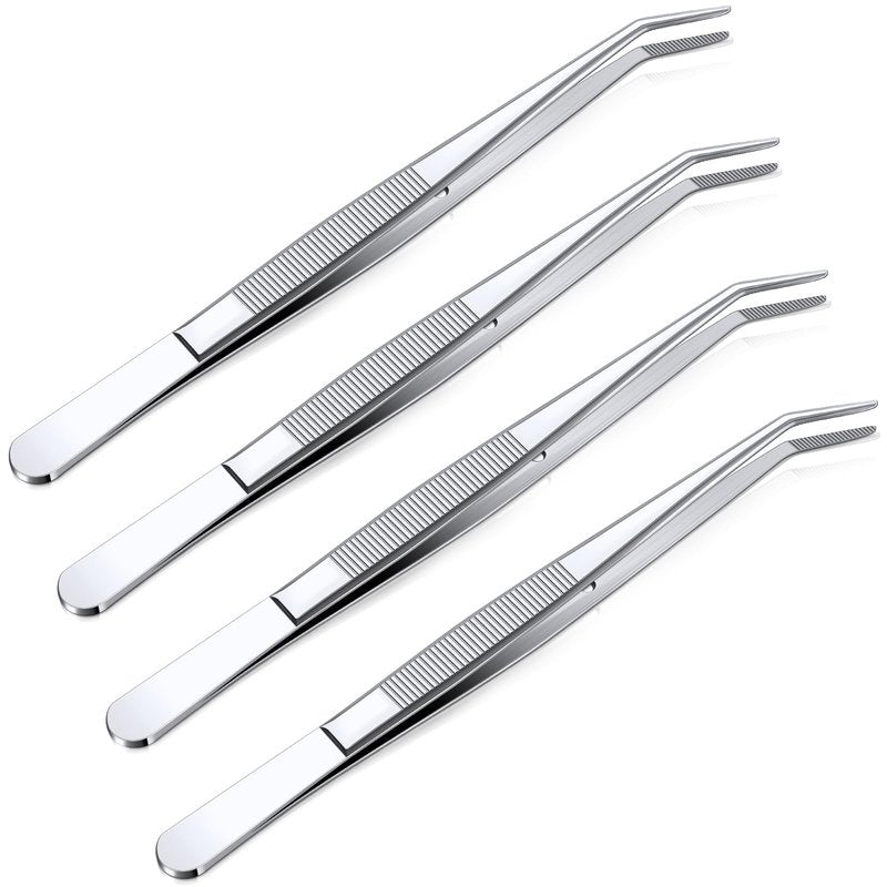 Honoson 4 Pcs Stainless Steel Tweezers for Crafting with Curved Serrated Tip Multipurpose Forceps Sewing Machine Tweezers Bulk (Silver)