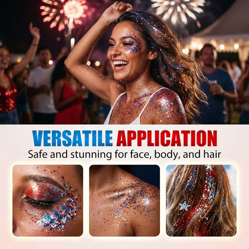 4th of July Glitter Stick, 2026 New Patriotic Red White and Blue Face Hair Body Glitter Stick, 4th of July Accessories Sparkling Glitter Makeup for Fourth of July Outfit Independence Memorial Day (1)