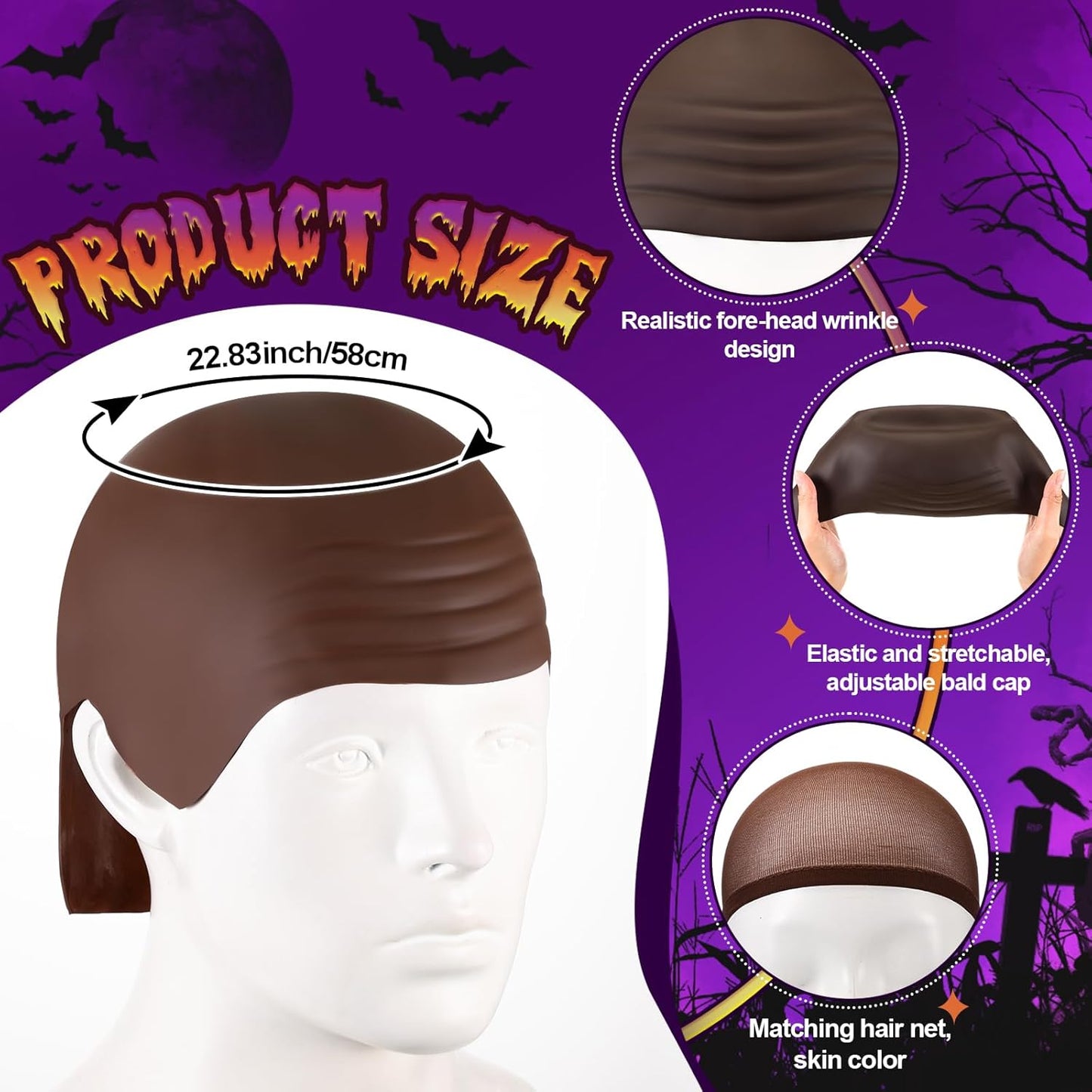 Halloween Bald Caps - Latex Wig Cap for Costume | 4-Pack Dark Brown, Large