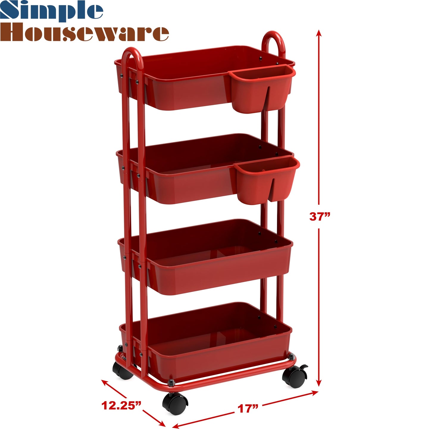 Simple Houseware 4-Tier Rolling Utility Cart with Hanging Bucket, Red