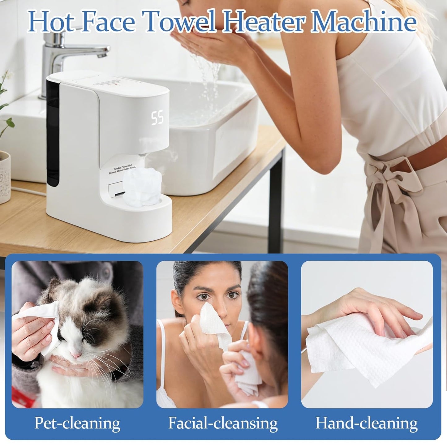 Face Towel Warmer with Voice Alert - Fast 5-Second Heating & 55°C Temperature Control | Includes 20 Compressed Towels