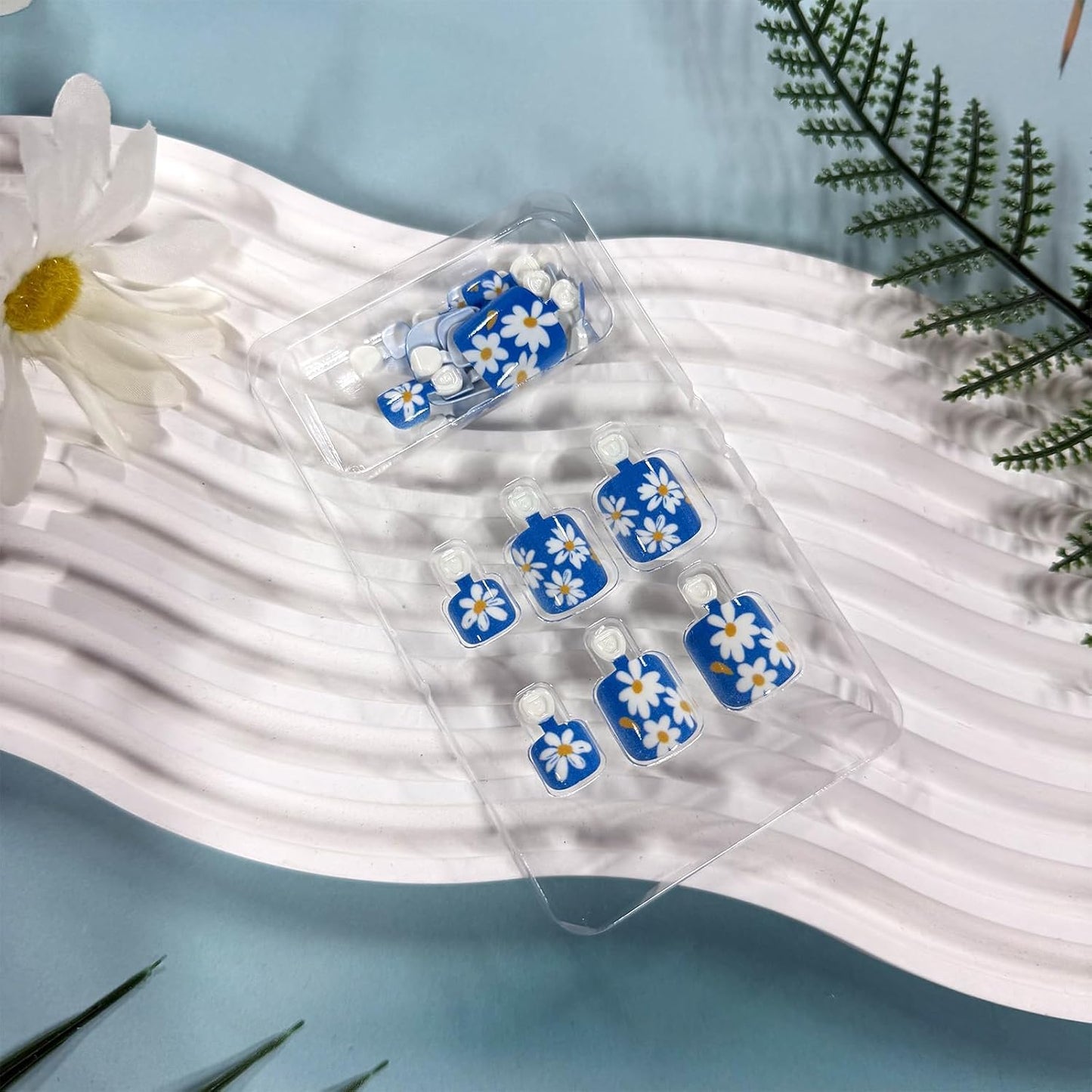 Press-On Toenails - Short Square Fake Toe Nails with Flower Designs | 24 Pcs Blue Acrylic Summer Beach Set