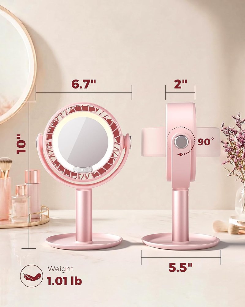 3-in-1 Makeup Fan - Cordless LED Light & Mirror for Skincare | Quiet Rechargeable Beauty Tool in Pink