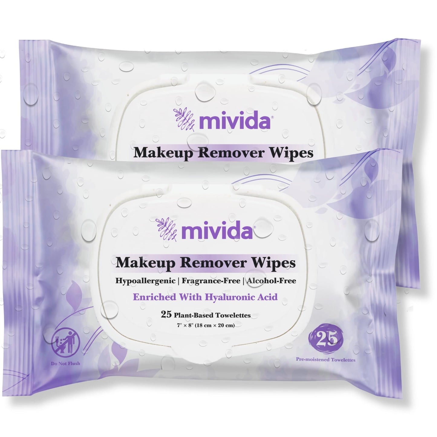 mivida Hypoallergenic Makeup Remover Wipes With Hyaluronic Acid, Dermatologist Tested Alcohol Free & Fragrance Free Makeup Wipes For Sensitive Skin, Make Up Remover, Travel Friendly 2 × 25 Count