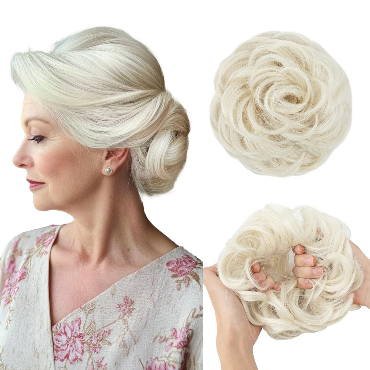 Large Messy Bun Hair Piece - Wavy Curly Synthetic Chignon Ponytail Extensions | Thick Updo in Light Auburn
