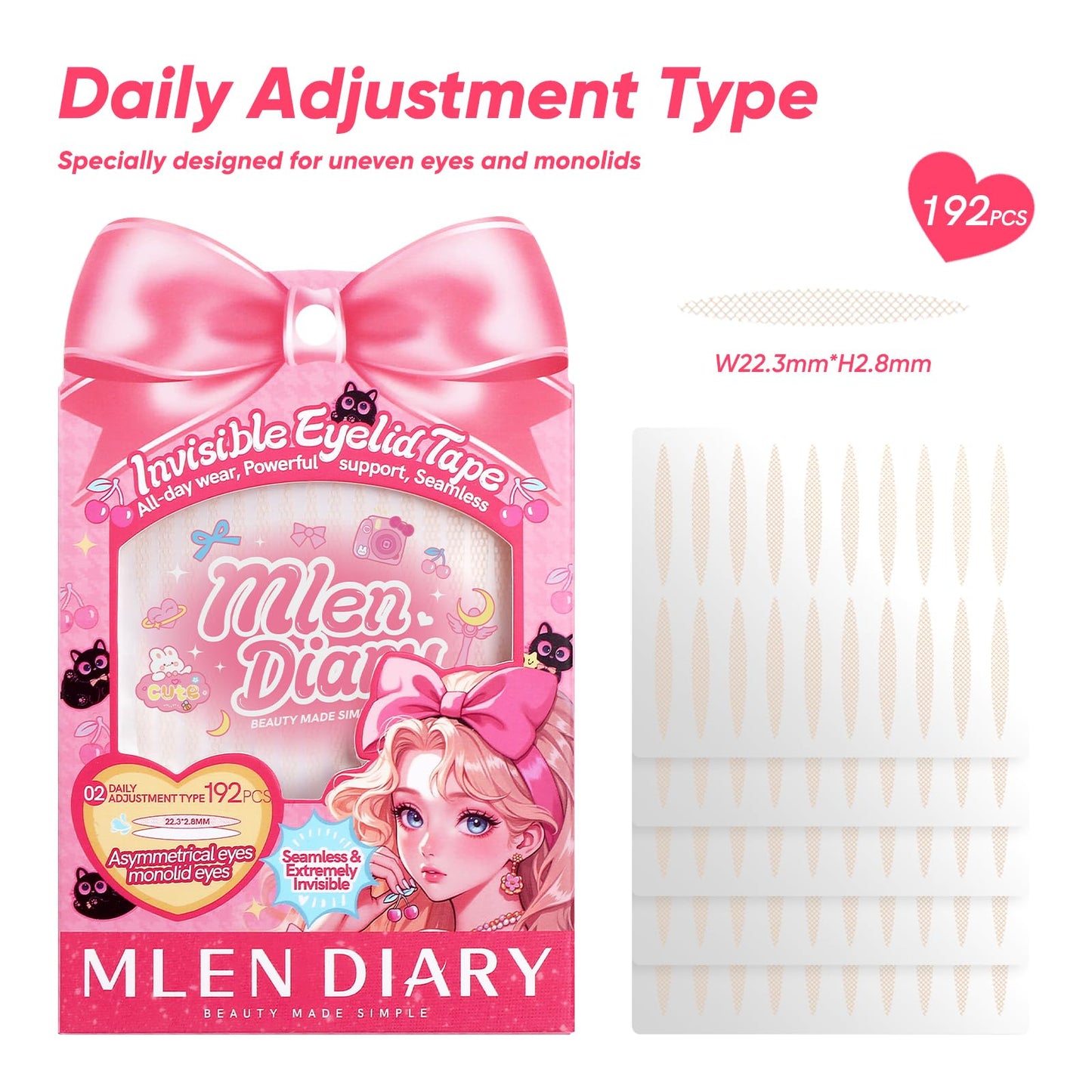 MLEN DIARY Double Eyelid Tape Invisible Eyelid Lifter Strips for Hooded Eyes Droopy Eyelid Lifter Eye Lid Strips with Tools (192P-22.3 * 2.8mm)