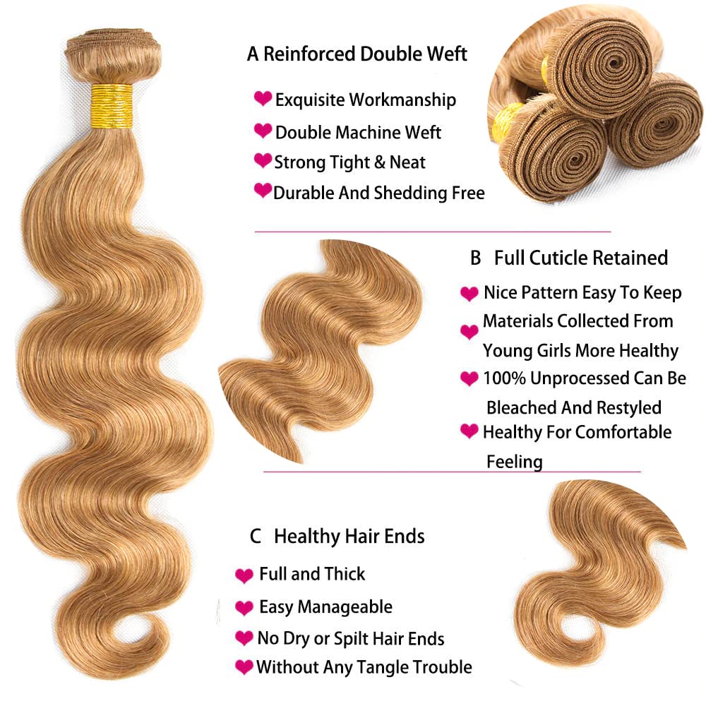 Biliisyff #27 Honey Blonde Body Wave Human Hair, 12 14 16 Inch