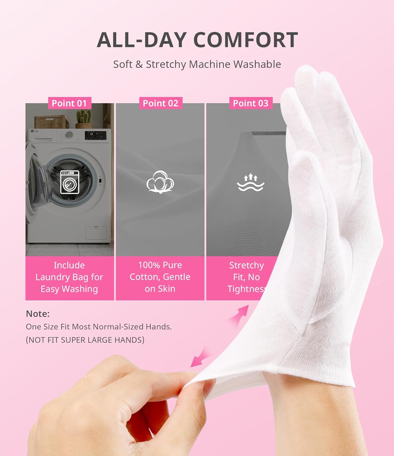 White Cotton Gloves for Moisturizing SPA | 2 Pairs with Laundry Bag for Dry Hands & Eczema - Regular Size