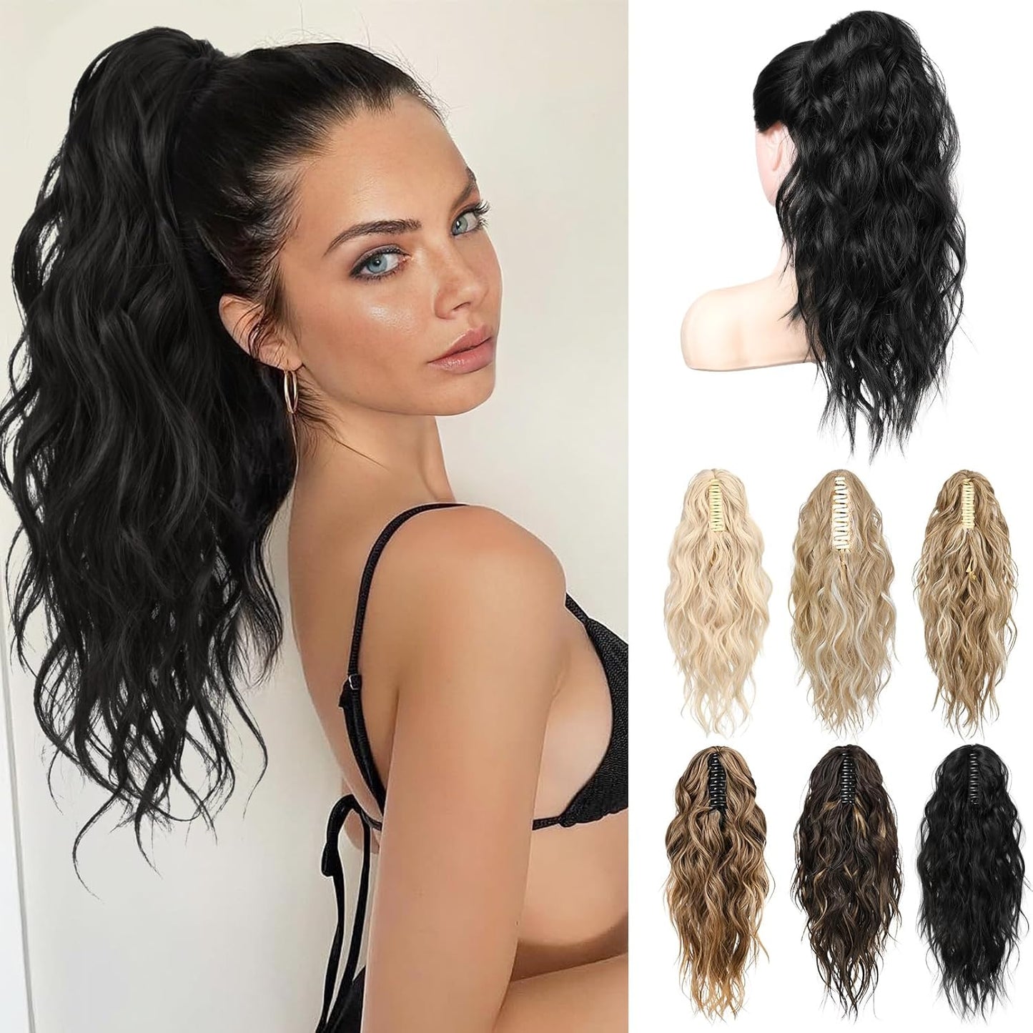 Ponytail Extension - 18" Wavy Claw Clip Hairpiece | Synthetic Curly Ponytail - Black Brown