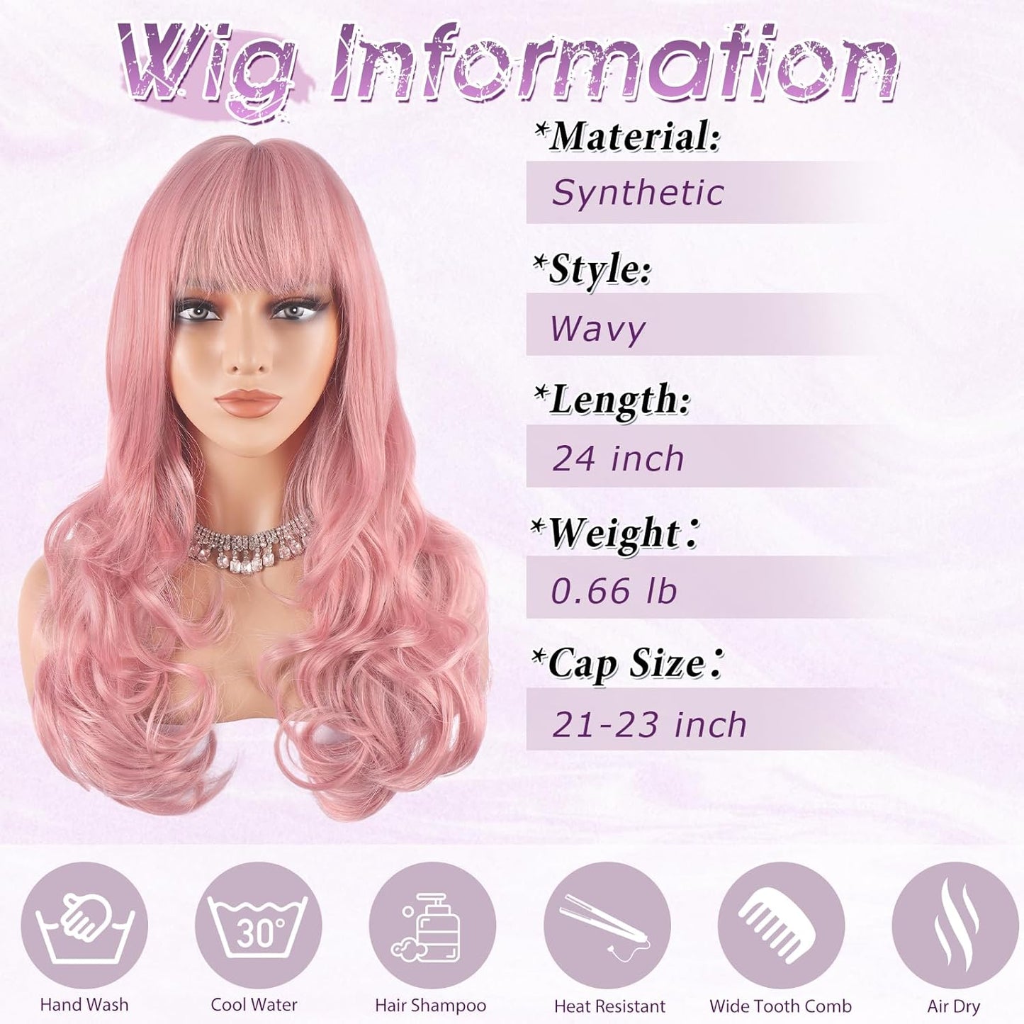 Pink Wigs with Bangs - Long Wavy Layered Synthetic Hair Wig | Natural-Looking, Heat Resistant, 24 Inch